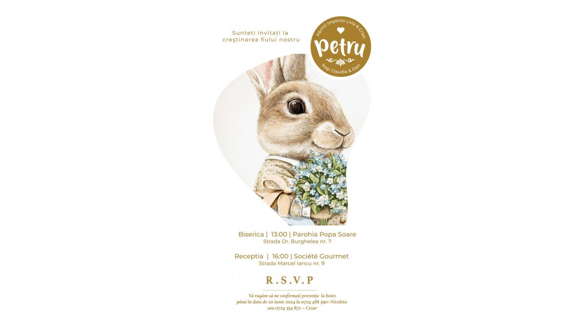 Invitație digitală botez băiat cu iepuraș Stil modern Invitație electronică personalizată 1